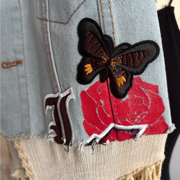 Customized Rockstar Denim Vest Jacket with Crochet and Braided Detail w/ Patches - Picture 6 of 12
